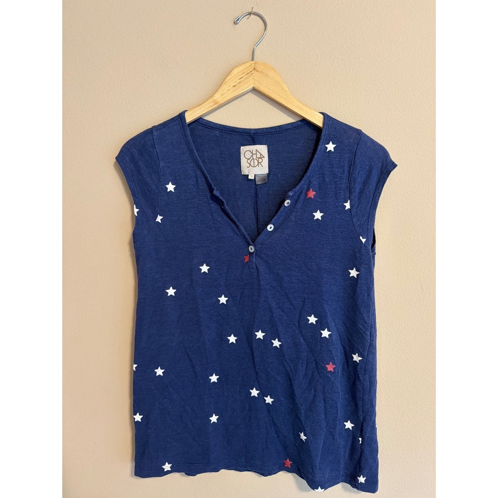 Chaser Navy Blue Star Print Linen Blend Henley Top Small